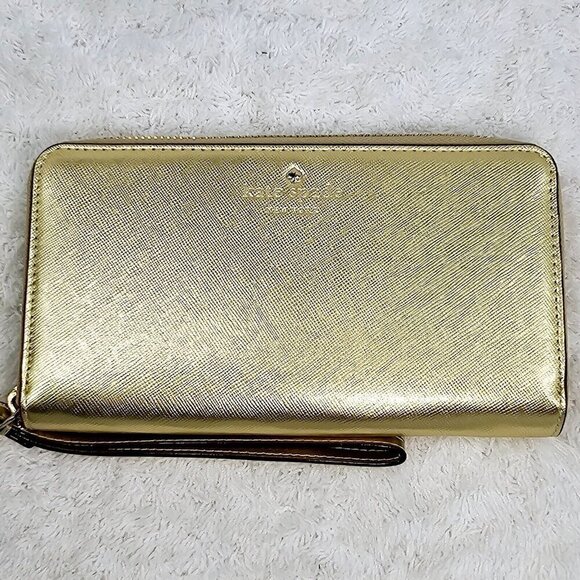 KATE SPADE Gold Metallic Leather Zip Around Continental Wallet Storybook Lining - Picture 1 of 13